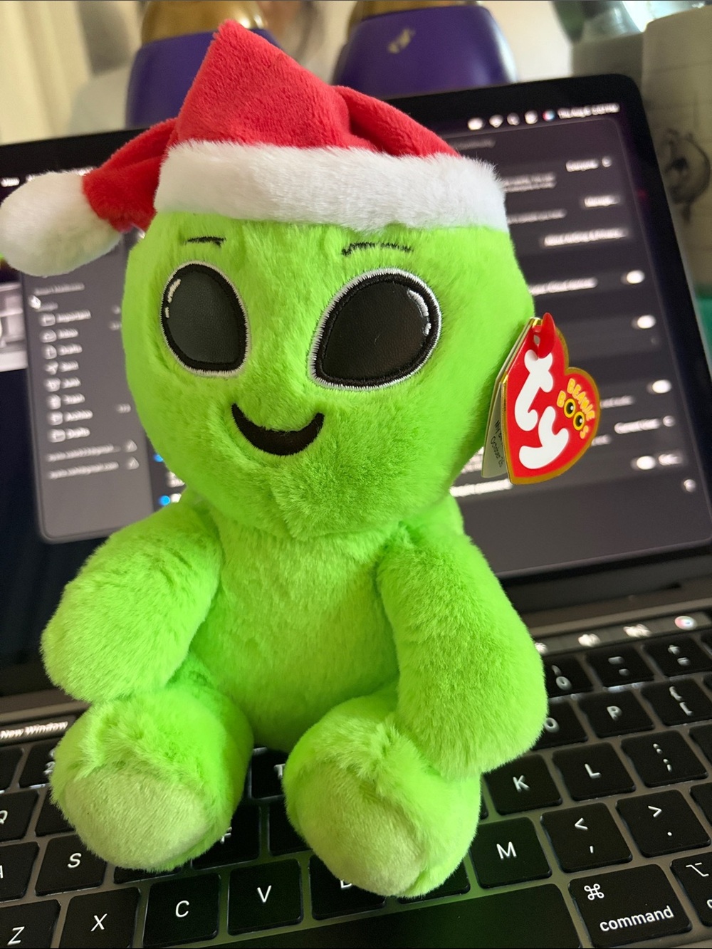 Ty Green Alien Plush with Red Santa Hat